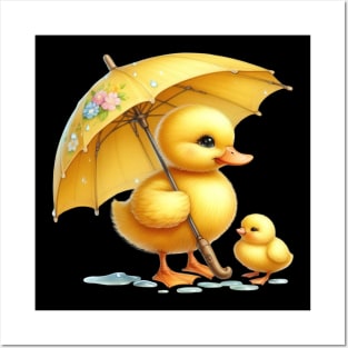 Cute Yellow Duck in the Rain Posters and Art